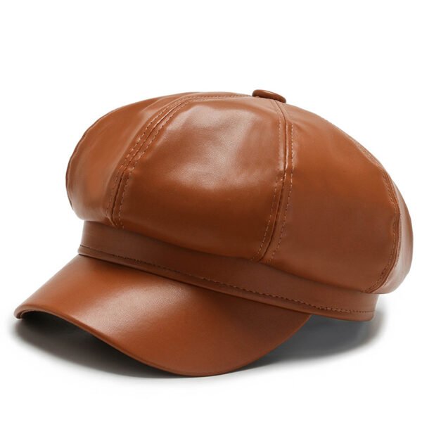 Women's Leather Beret Hat With Brim - Image 2