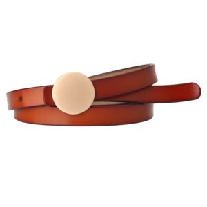 Women's Skinny Leather Belts With Round Gold Buckle