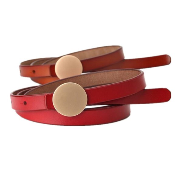 Fashionable Women's Skinny Leather Belts With Round Gold Buckle
