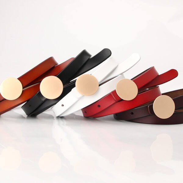 Fashionable Women's Skinny Leather Belts With Round Gold Buckle - Image 2